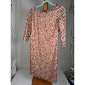Rose Gold Metallic Floral Lace Sheath Dress 3/4 Sleeve Eyelash Trim V-Back